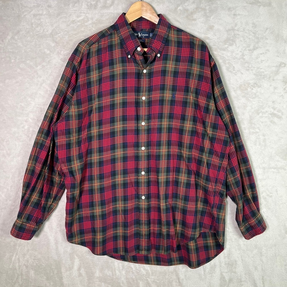 Ralph Lauren Blaire Mens L Red Green Tartan Plaid Button Down Flannel Shirt Pony
